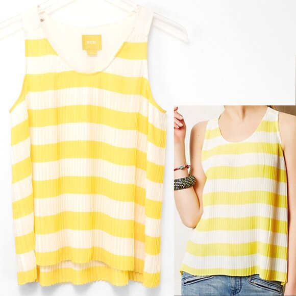 Anthropologie Tops - Anthropologie Maeve Citron Pleated Tank Top Stripe Sleeveless Yellow White 6